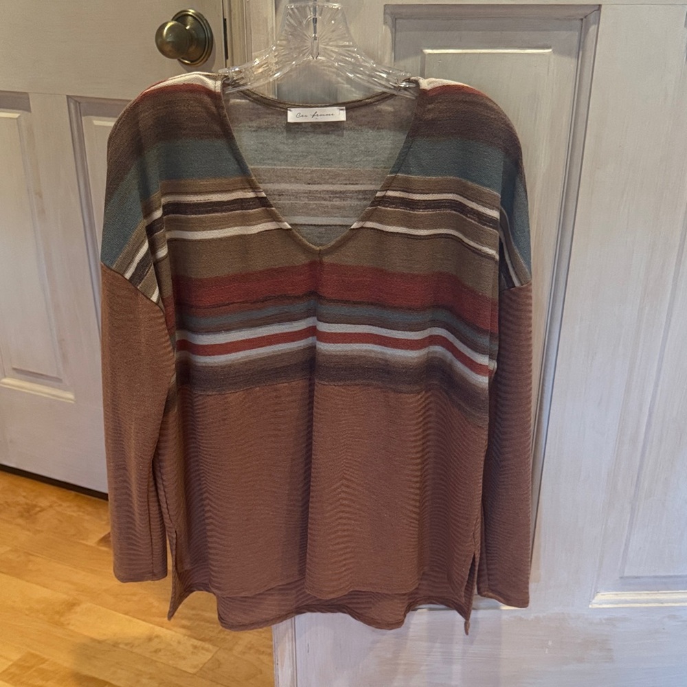 Ces Femme Earthy Tones Striped V-Neck Top